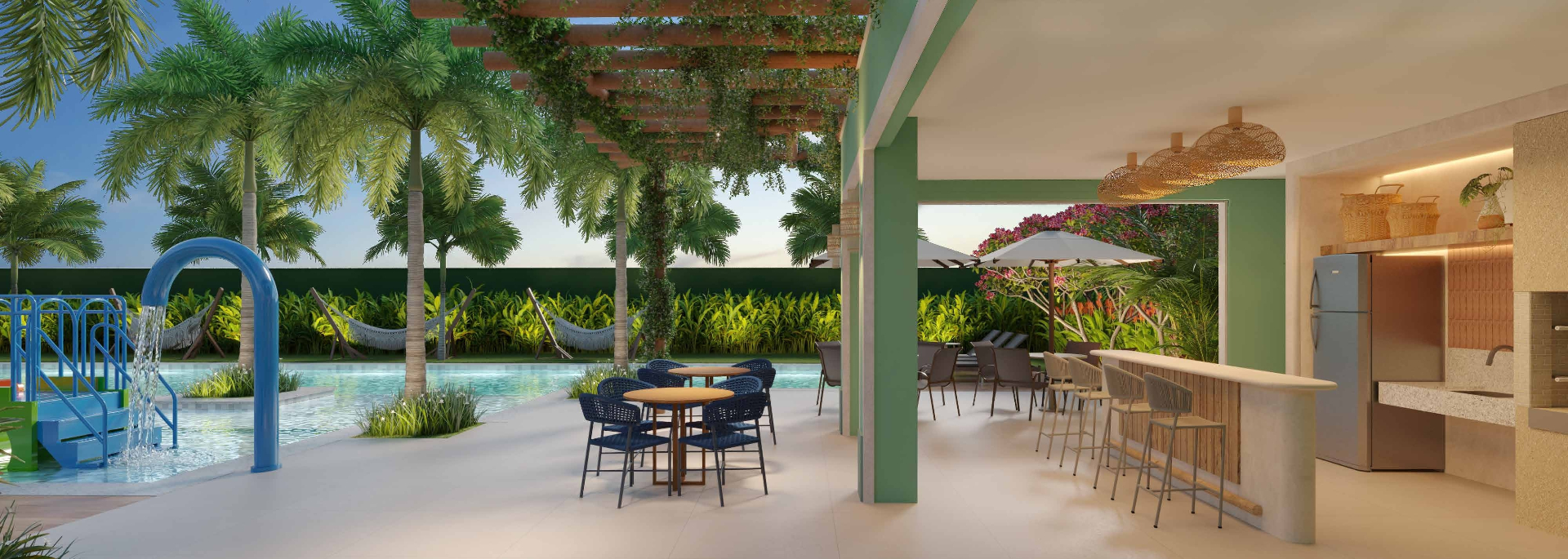 Deck com pergolado, espaço gourmet e piscina ao fundo