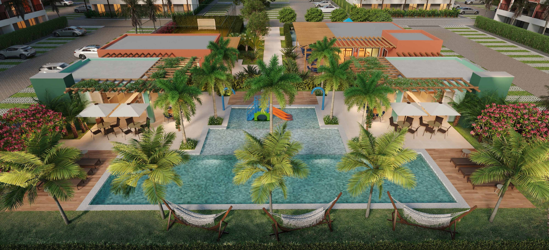 Vista aérea da área de lazer com piscinas e palmeiras